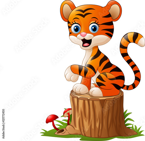 Fototapeta Naklejka Na Ścianę i Meble -  Cartoon baby tiger sitting on tree stump

