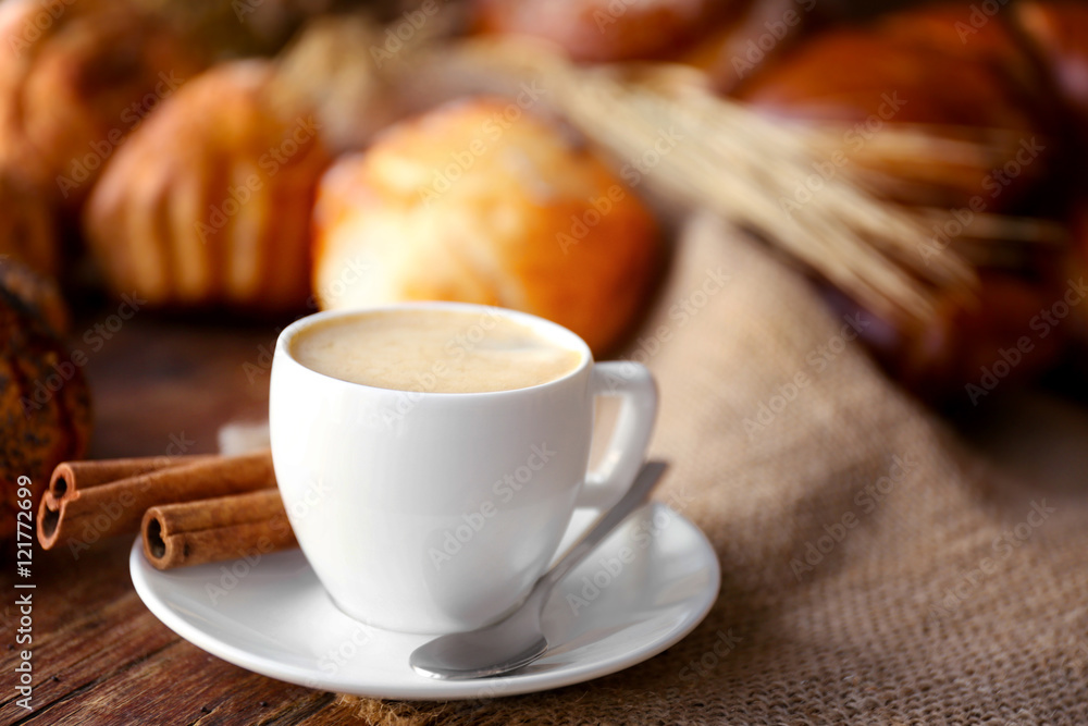 Cup of coffee and different bakery products Cup of coffee and different bakery products