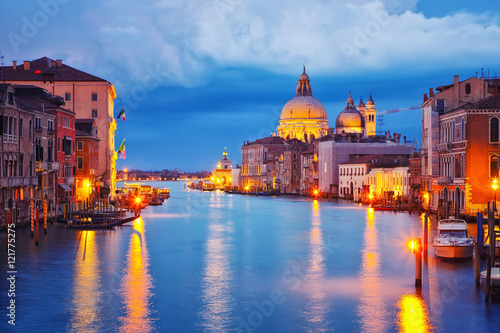 Grand Canal and Basilica Santa Maria della Salute in Venice at night © sborisov