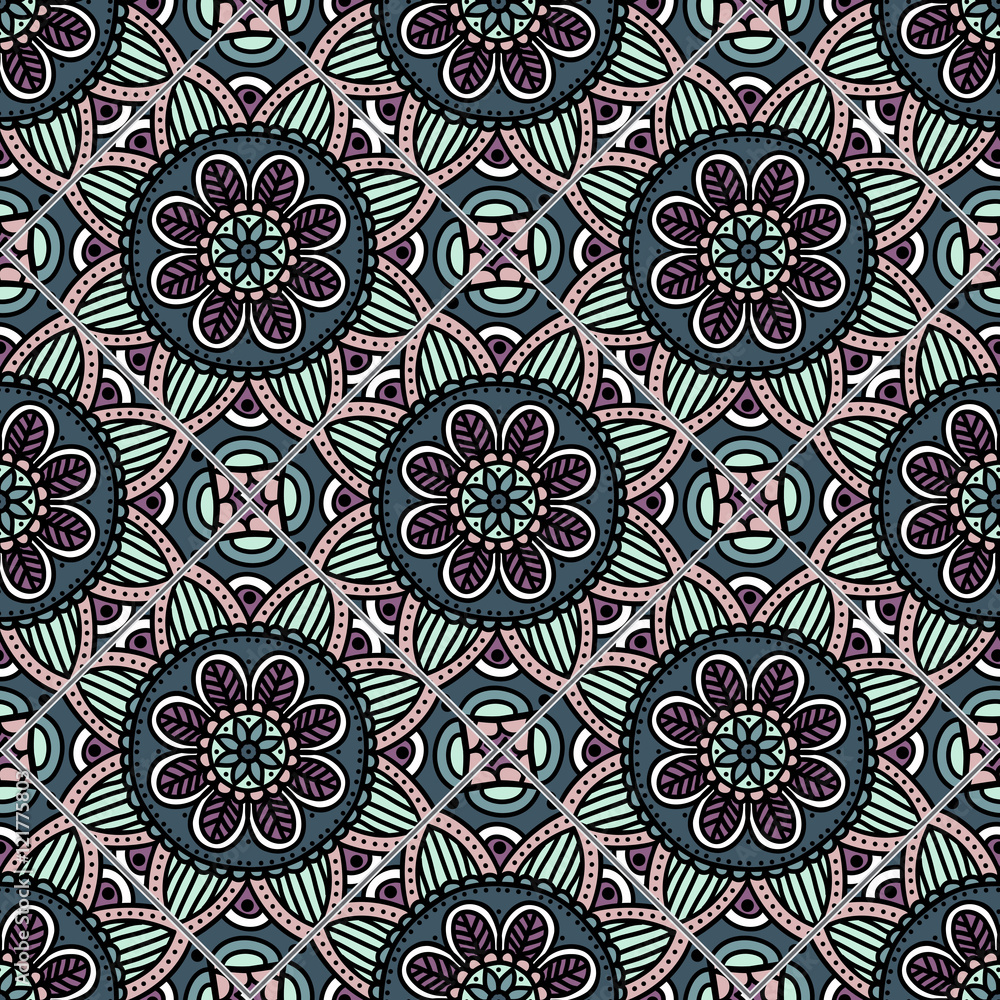 Colorful floral seamless pattern from different rhombus with mandala in patchwork boho chic style, in portuguese and moroccan motif. Hand drawn vector stock illustration
