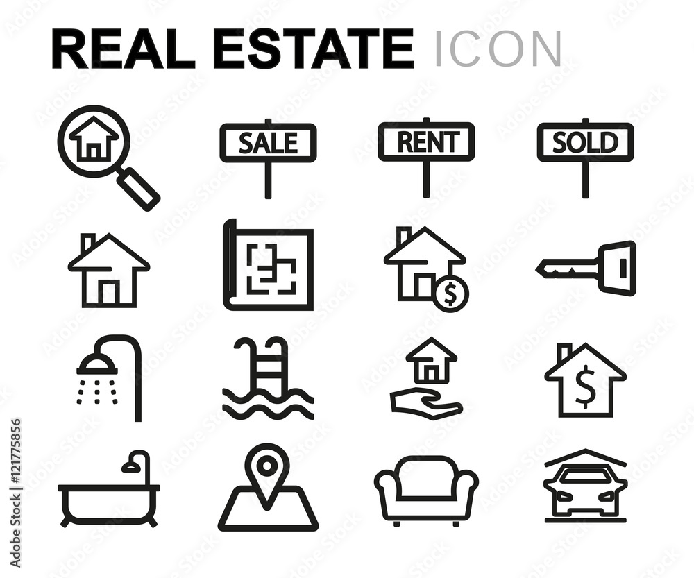 Vector black line real estate icons set Vector black line real estate icons set