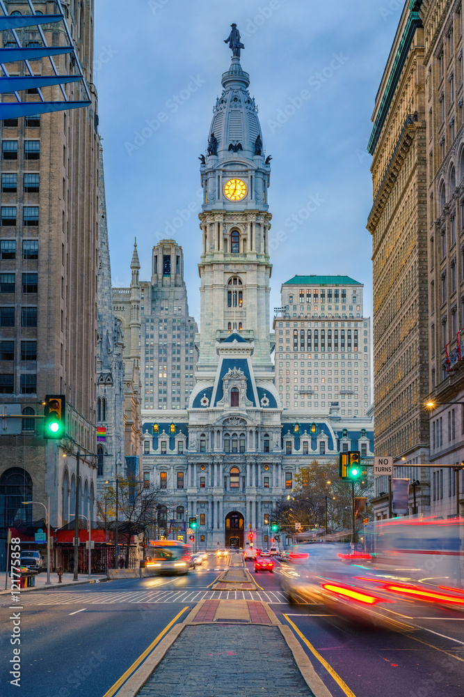 Philadelphia's historic City Hall at dusk
