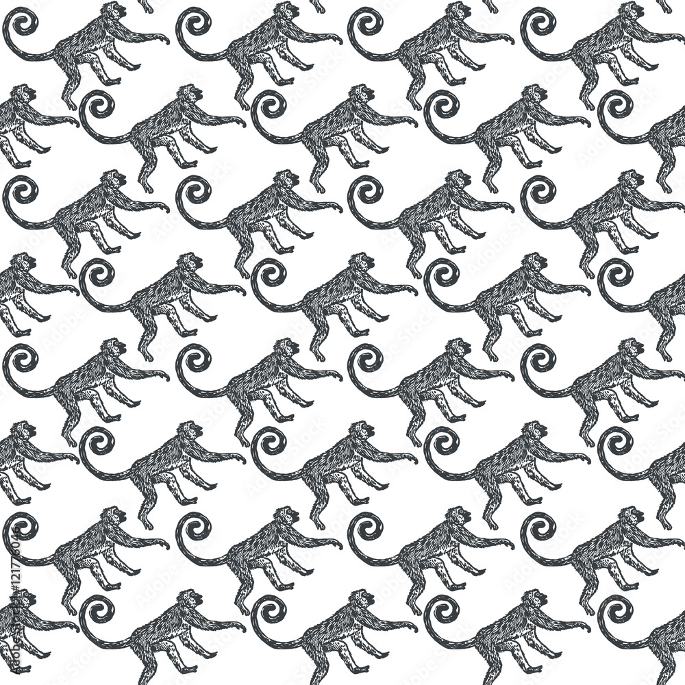 Naklejka premium Linocut tropical Jungle Monkey background