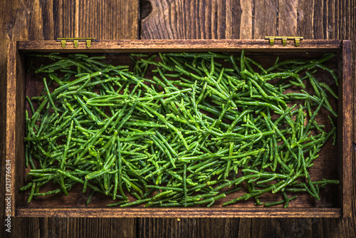 Samphire seafood weed in wooden crate photo