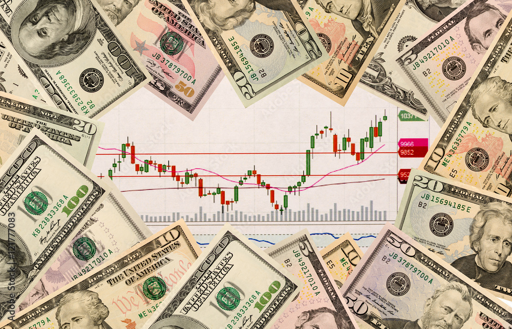 stock chart and US money as background. view from above Stock Photo