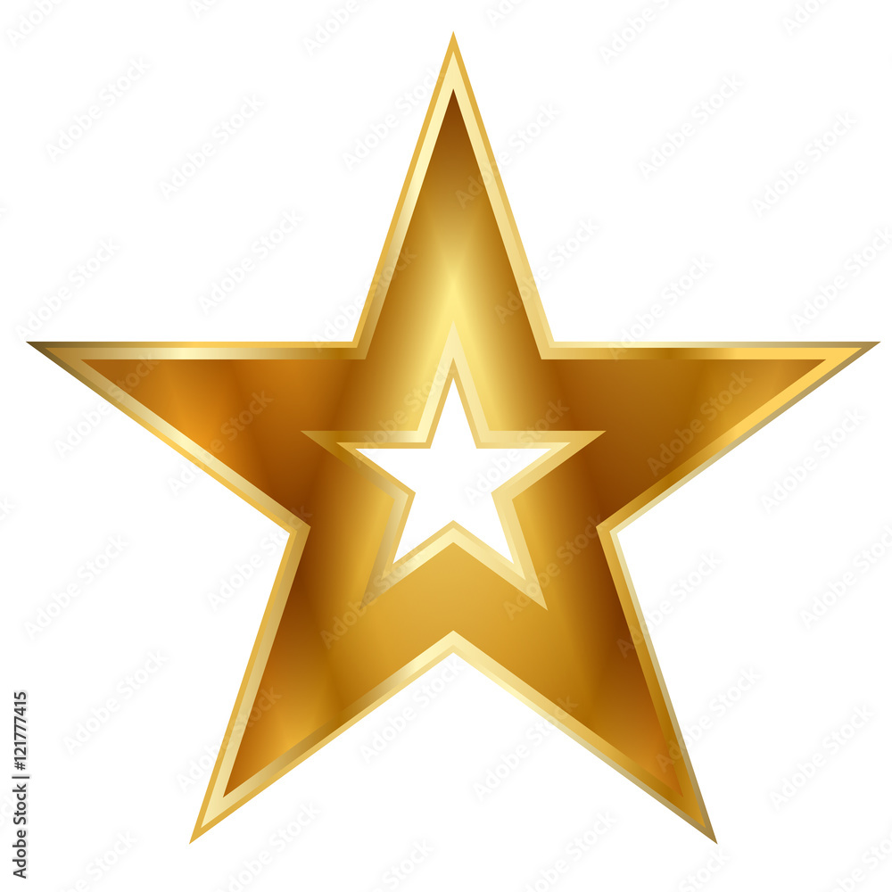 Gold american star sign. Golden bright icon isolated on white background. Elegance metal object. Metallic graphic. Design element for award, medal. Symbol holiday, christmas. Vector illustration Gold american star sign. Golden bright icon isolated on white background. Elegance metal object. Metallic graphic. Design element for award, medal. Symbol holiday, christmas. Vector illustration