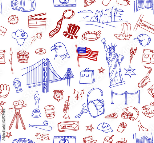 Hand-drawn doodle collection of the different American objects, buildings and signs. Line art icons pattern.