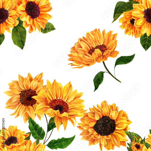 Seamless pattern with hand drawn watercolor sunflowers © laplateresca