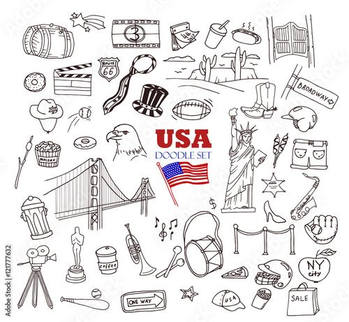 Hand-drawn doodle collection of the different American objects, buildings and signs. Line art icons set