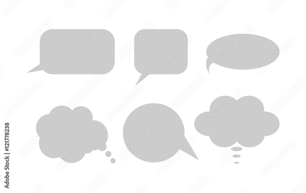 Simple grey speech bubbles set on white background. Talk and think bubbles. Different shaped icons. Simple grey speech bubbles set on white background. Talk and think bubbles. Different shaped icons.