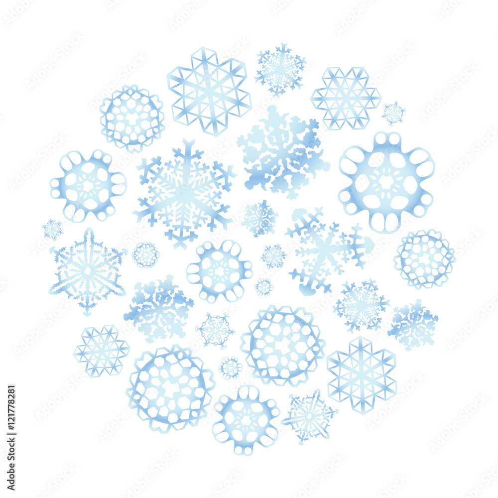 Snowflakes in circle shape, isolated on white Snowflakes in circle shape, isolated on white