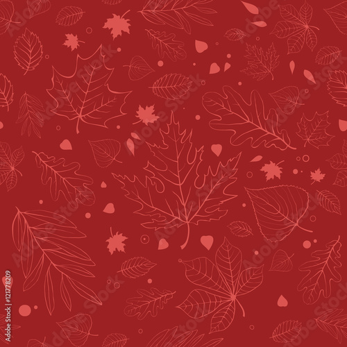 Outline autumn leaves. Red seamless pattern with outline leaves silhouettes.