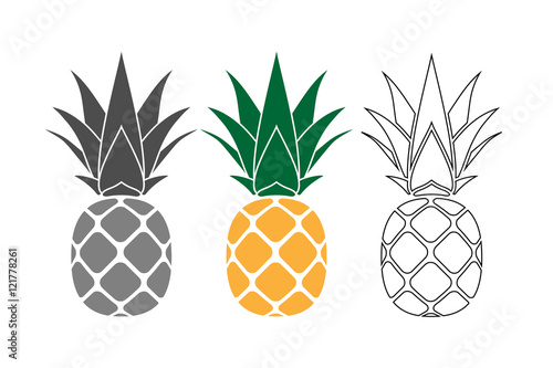 Pineapple with leaf icons set. Tropical fruits isolated on white background. Symbol of food, sweet, exotic summer, vitamin, healthy. Nature logo. Flat concept. Design element Vector illustration