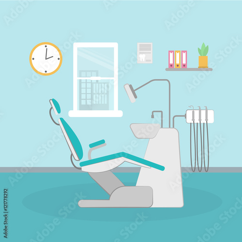Simple dental office. Special seat and lamp, sucthion and tools. Blue dental cabinet.