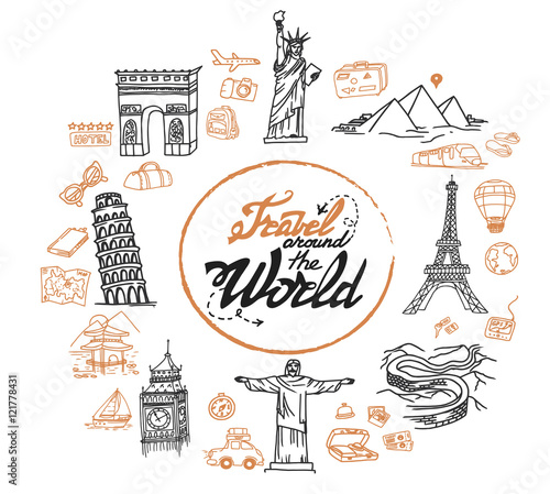 Hand-drawn doodle frame with different travel objects, sights and buildings: Eiffel Tower, Big Ben, Great China Wall, Pyramids, etc. Line art round frame
