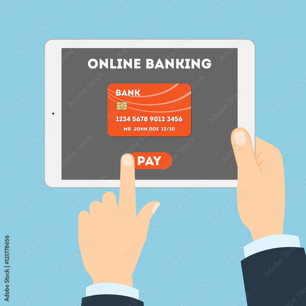 Online banking with tablet. Hands holding white tablet. Online banking with credit or debit card. E-commerce. Online banking with tablet. Hands holding white tablet. Online banking with credit or debit card. E-commerce.