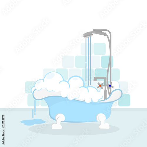 Batroom with tube and shower. Simple blue bathroom with water, foam and tube. Clean room.