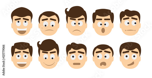 Man emoji set on white background. All kinds of emotions as laugh, sad, anger, cheerful and other moods.