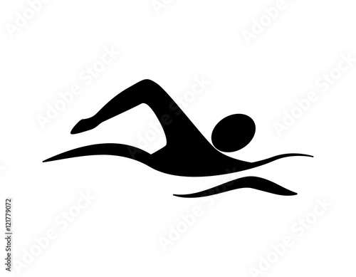 Isolated swim icon. Black silhouette of man swimming in the waves. Concept of swimming pool, summer competition and more.