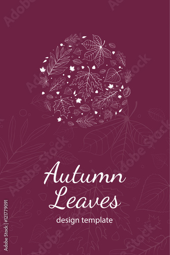 Autumn leaves postcard design template white outline on purple