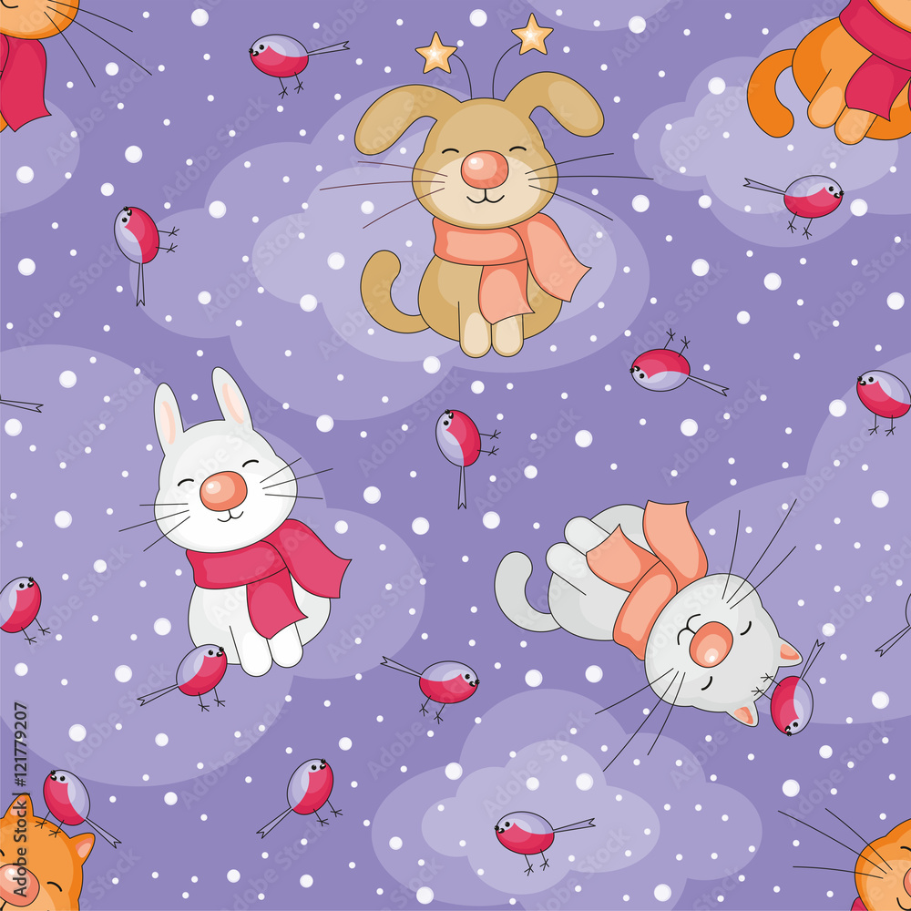 Christmas seamless pattern with the image of funny pets and snowflakes in cartoon style Christmas seamless pattern with the image of funny pets and snowflakes in cartoon style