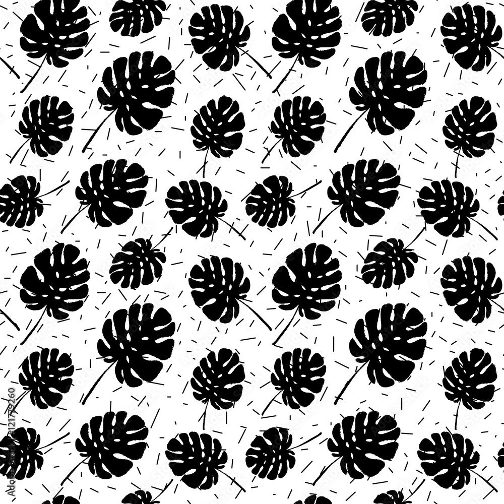 Summer tropical palm tree leaves seamless pattern on abstract confetti background. Vector grunge design for cards, wallpapers and natural product.