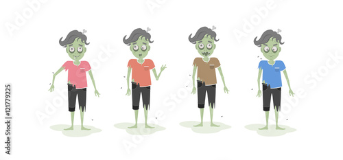 Isolated scary zombie set. Green zombie with bone. Scary reanimated monster for halloween decoration. Different t shirts.