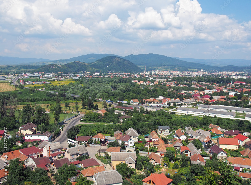 Panorama of the city of Mukachevo from height of walls of fortress of Palanok