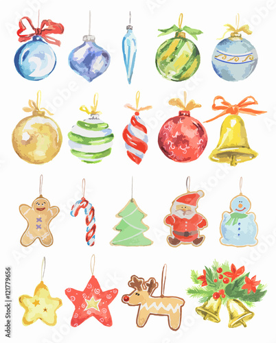 Watercolor christmas toys set. Bright and colorful toys for christmas tree. Wonderful retro toys.