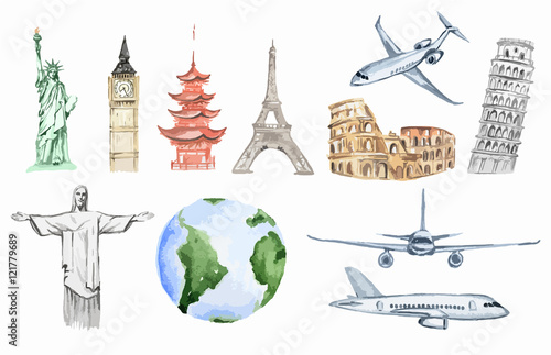 Watercolor world travel set. All sightseeing from all over the world as big ben, liberty statue, Colosseum and more. Airplanes.