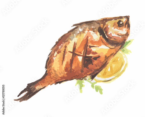 Isolated watercolor baked fish on white background. Healthy and tasty seafood with lemon and herbs. Restaurant menu.