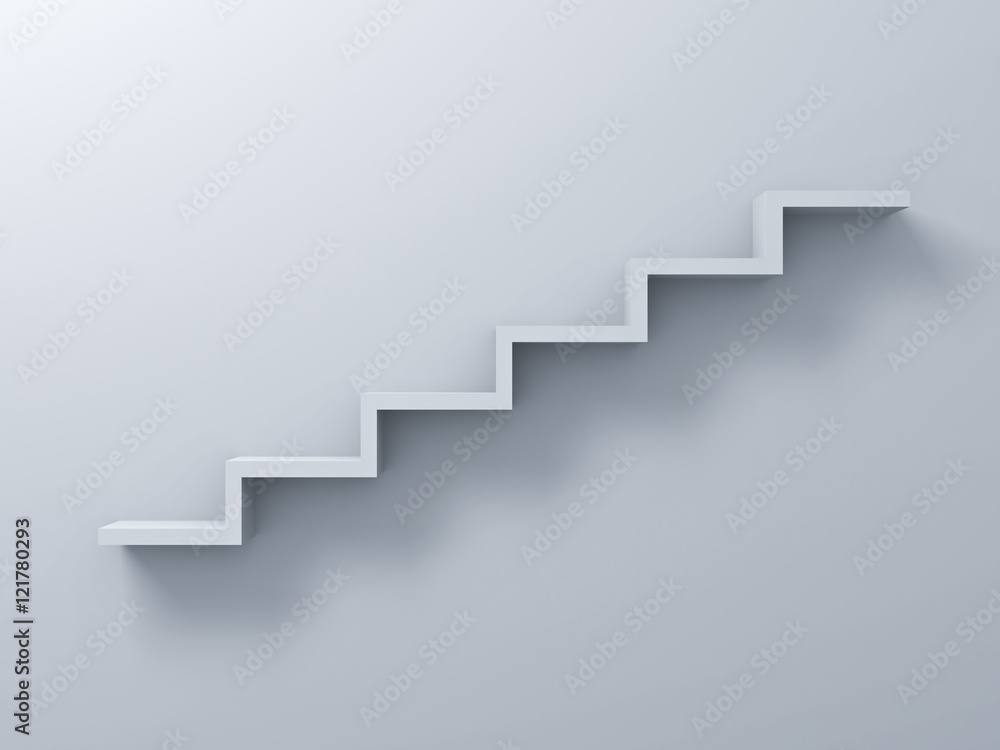 Abstract stairs or steps concept on white wall background with shadow 3D rendering