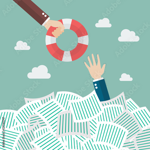 Drowning businessman getting lifebuoy