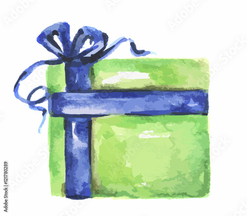 Isolated watercolor present. Colorful box with bows and ribbons for holidays as Christmas, New Year and Birthday.