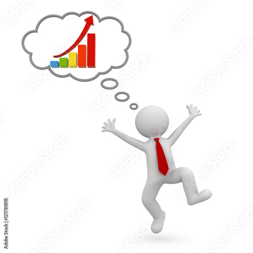 Very happy 3d man celebrating with growth graph chart in thought bubble above his head over white background 3D rendering
