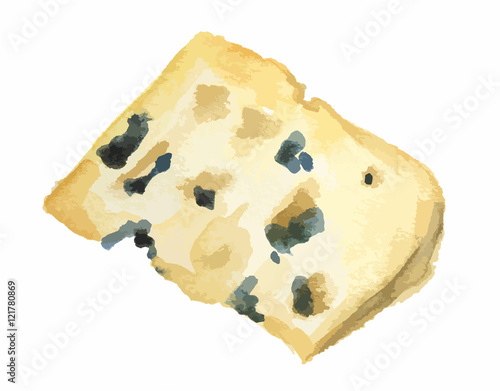 Isolated watercolor blue cheese on white background. Delicious and fresh organic gourmet food.