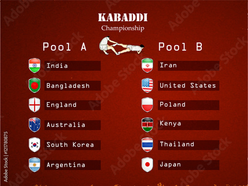 Illustration of shield with countries flag participating in Kabaddi League