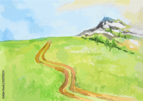 Watercolor rural landscape. Beautiful green field, blue sky and road. Summer village or farm.
