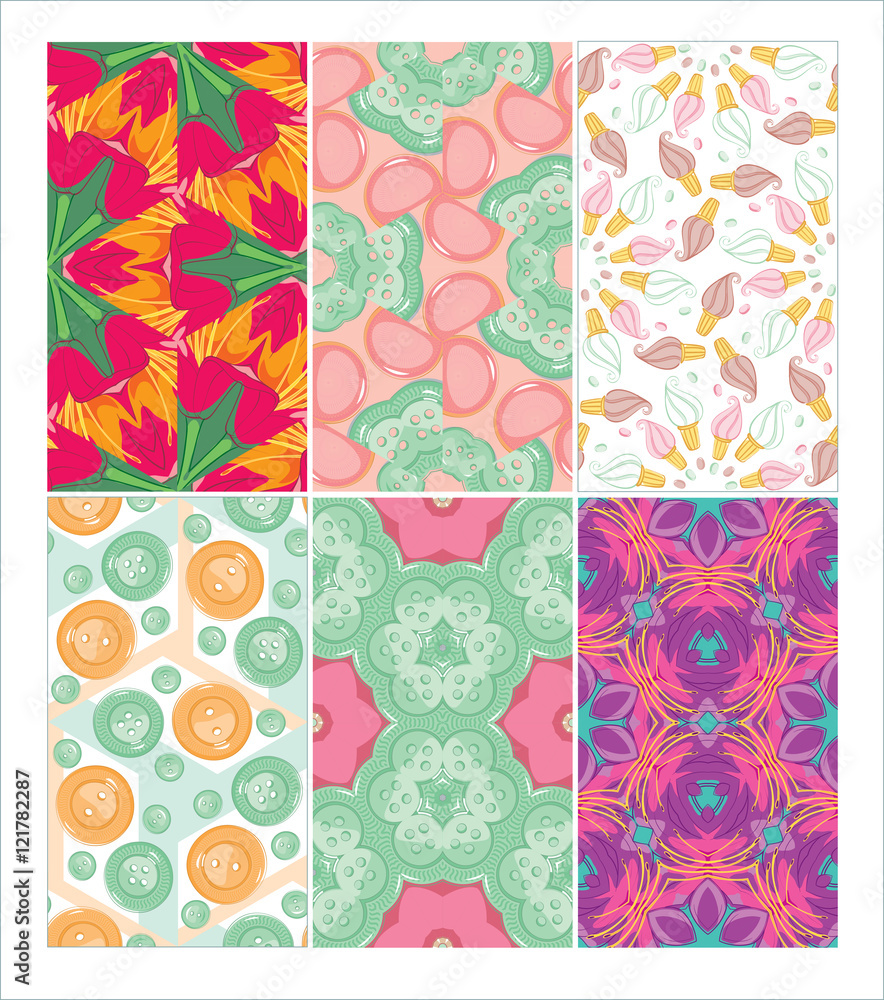 Set of seamless patterns. Dymkovo. Buttons. Candy. Birds. Ice-cream. Set of seamless patterns. Dymkovo. Buttons. Candy. Birds. Ice-cream.