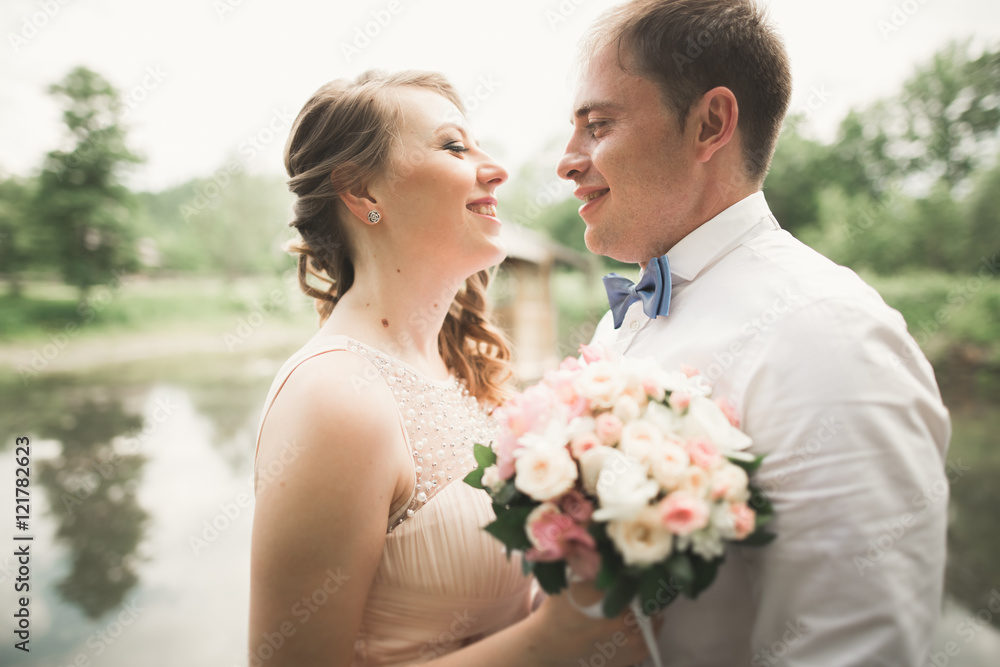 Happy wedding couple hugging and smiling each other on the background lake, forest Happy wedding couple hugging and smiling each other on the background lake, forest