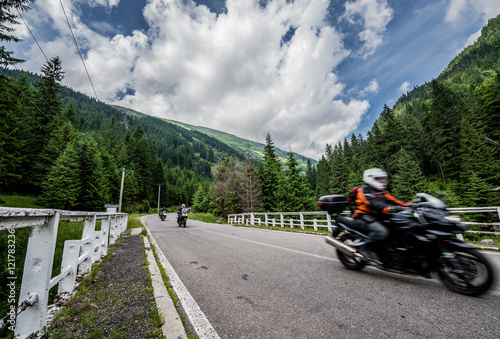 motorcycle on Transfagarasan Road in southern section of Carpathian Mountains in Romania