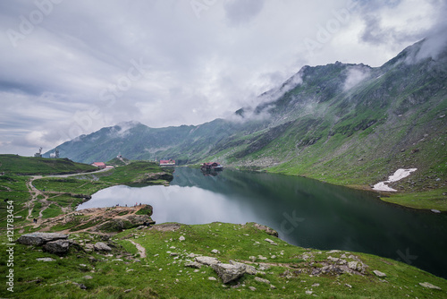 Balea Lake next to Transfagarasan Road in southern section of Carpathian Mountains in Romania