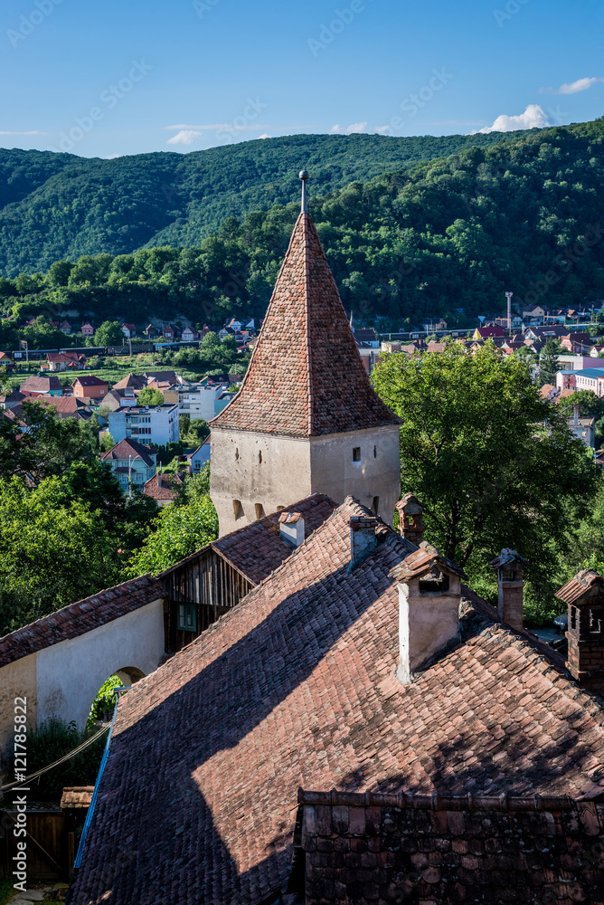 Aerial view from hill in Sighisoara town in Romania