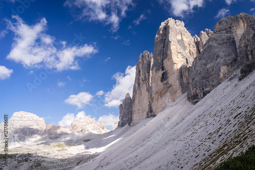 Famous rock formation Tre Cime  Italian Dolomites. UNESCO World Heritage Site.