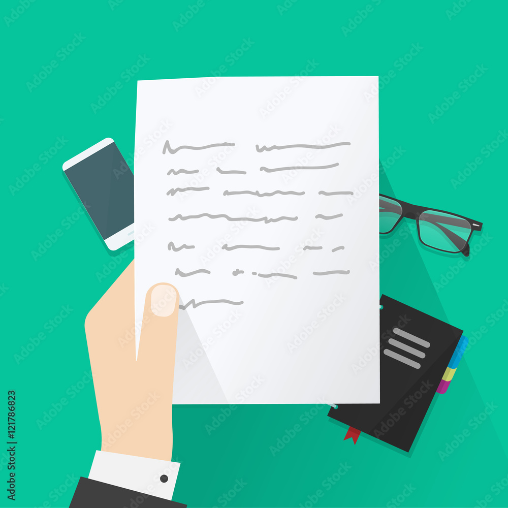 Hand holding paper sheet with abstract text under work desk vector  illustration, concept of writing letter, writer desk, workspace, paper  work, flat cartoon design on green background top view Stock Vector |