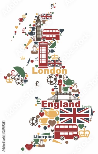The symbols of the UK in the shape of a map