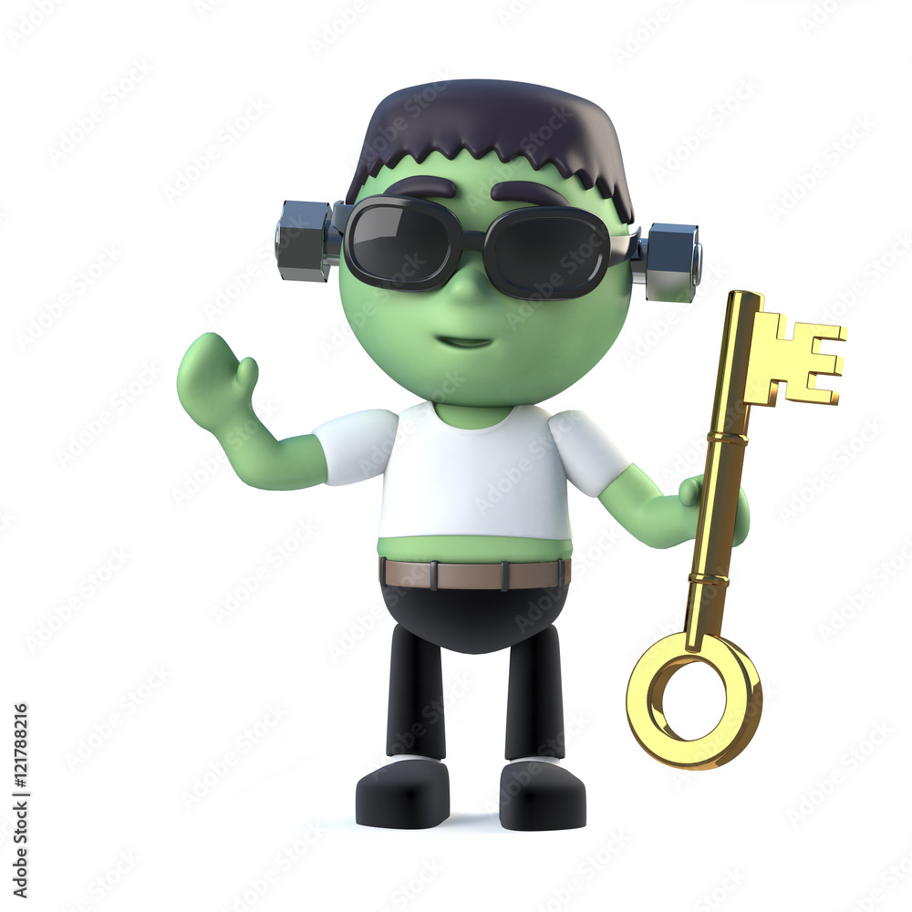 3d Child Frankenstein holding a gold key