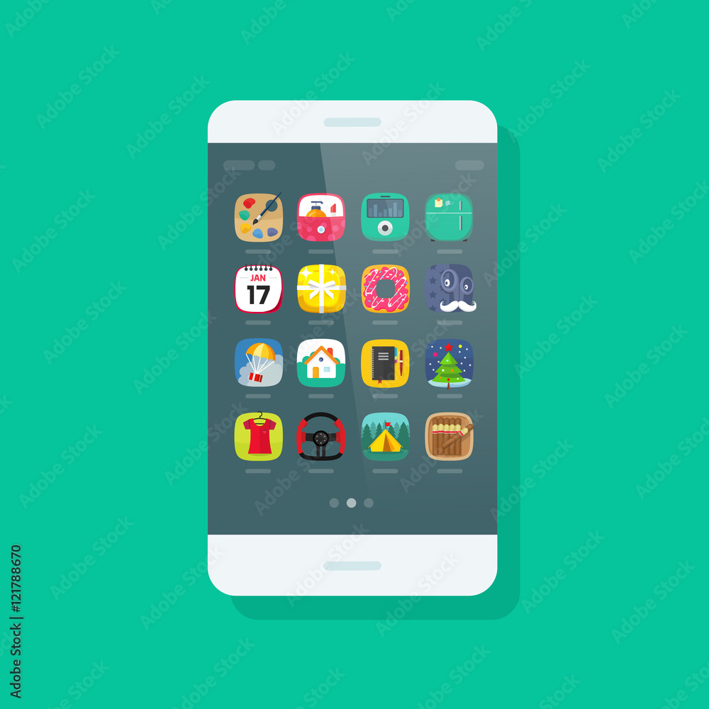 Smartphone vector isolated on green background, mobile phone with app icon on screen, modern cellular smart phone device flat cartoon style Smartphone vector isolated on green background, mobile phone with app icon on screen, modern cellular smart phone device flat cartoon style