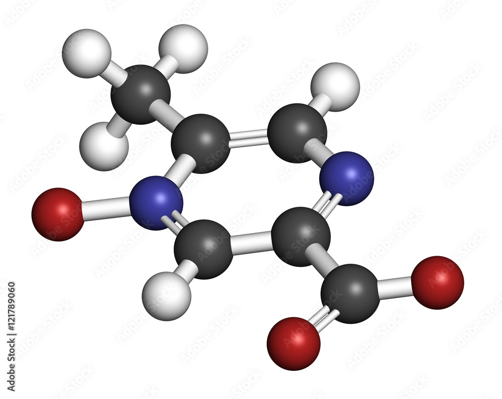 Acipimox hypertriglyceridemia drug molecule. 3D rendering. Acipimox hypertriglyceridemia drug molecule. 3D rendering.