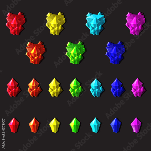 Set of magic crystals or minerals cartoon style on gray background